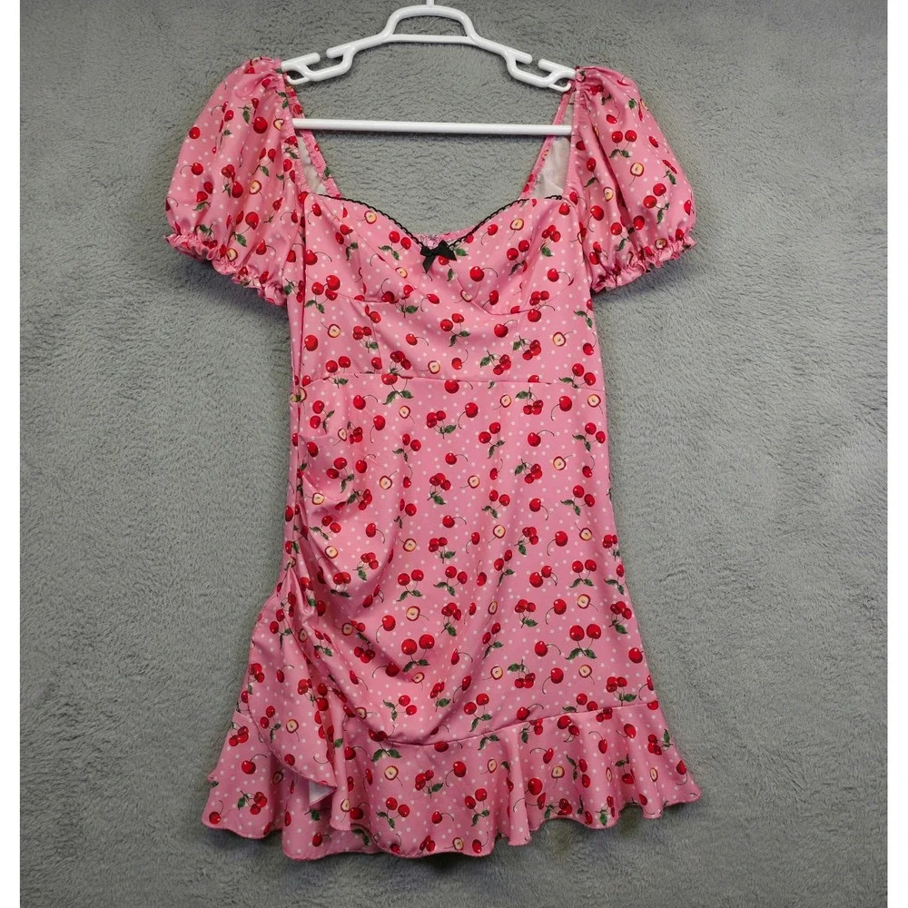 Womens Babydoll Pinup Dress L Pink Puff Sleeve Cherry Draped Coquette Mini‎
